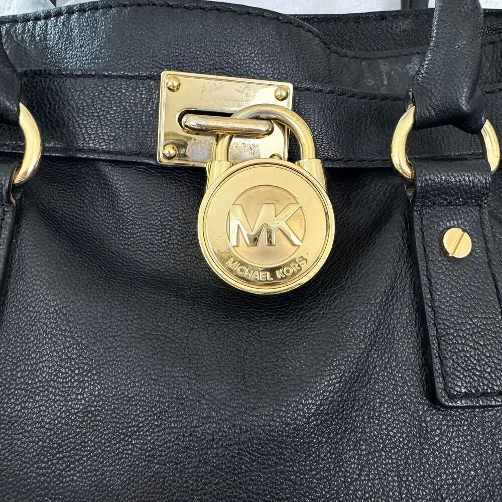 Michael Kors Womens Hamilton Satchel Handbag Leather Goldtone Lock Classic Black